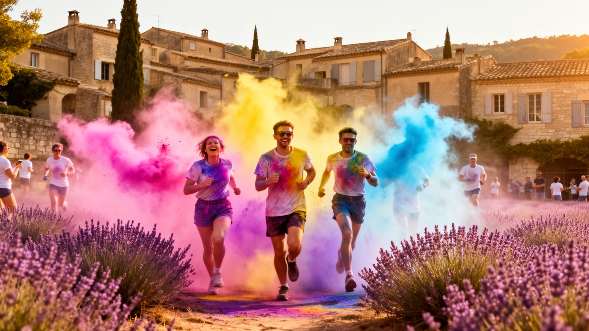 Coureurs joyeux sous des nuages de poudre colorée à Lourmarin